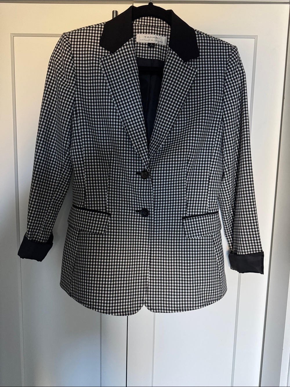 Tahari Black and White Gingham Blazer with Black Collar